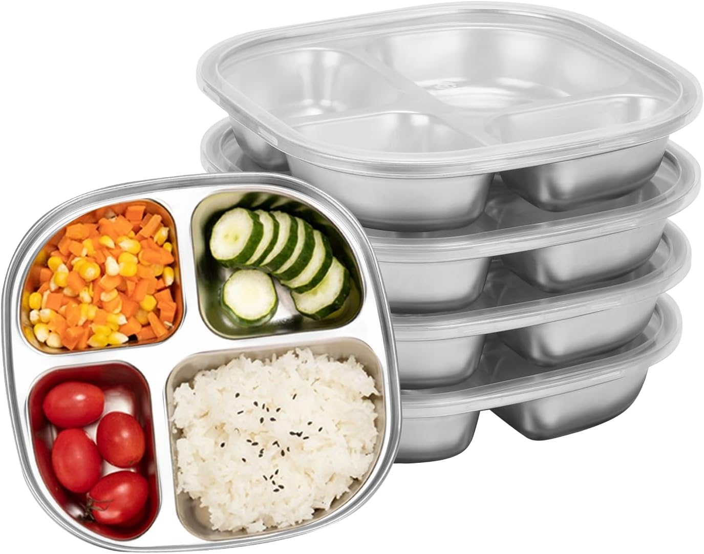 4-Pack Stainless Steel Divided Plates with Lids –Portion Control Meal Trays for Balanced Meals – BPA-Free, Shatterproof, Dishwasher Safe – Ideal for Home, Travel, School (Colorful-3-Section)