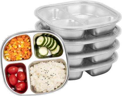 4-Pack Stainless Steel Divided Plates with Lids –Portion Control Meal Trays for Balanced Meals – BPA-Free, Shatterproof, Dishwasher Safe – Ideal for Home, Travel, School (Colorful-3-Section)