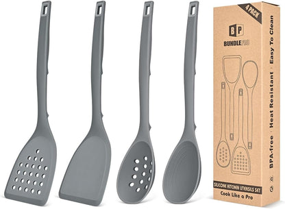 Pack of 4 Silicone Cooking Utensils Set, Non Stick Solid Spatulas and Heat Resistant Slotted Spoons with Back Hooks, Ideal BPA Free Kitchen Utensils Set for Frying,Serving,Turning,Stirring(KHAKI)