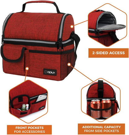 opux Insulated Lunch Bag Women Men, Dual Compartment Leakproof Lunch Box Adults Kids, Double Decker Meal Prep Bento Lunch Cooler Tote with Shoulder Strap for Work Office School Travel, Floral Purple