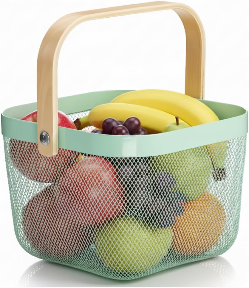 Mesh Steel Storage Organizer Basket Fruit Basket Bin with Wood Handle Ideal for Kitchen Bathroom Picnic Baskets Pantry Cabinets Storage Home Decor (White)