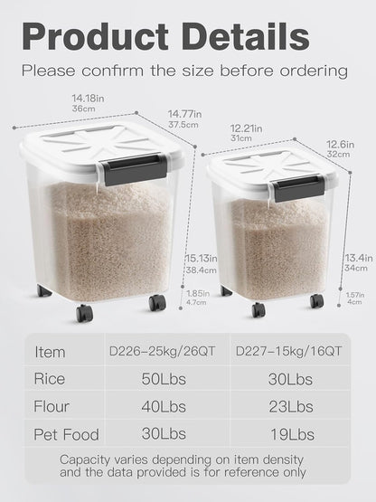 LivLab Mker Rice Dispenser - 50LBS Airtight food storage container with lids,cereal flour storage container with wheels, flour bin rice organizer (25KG)