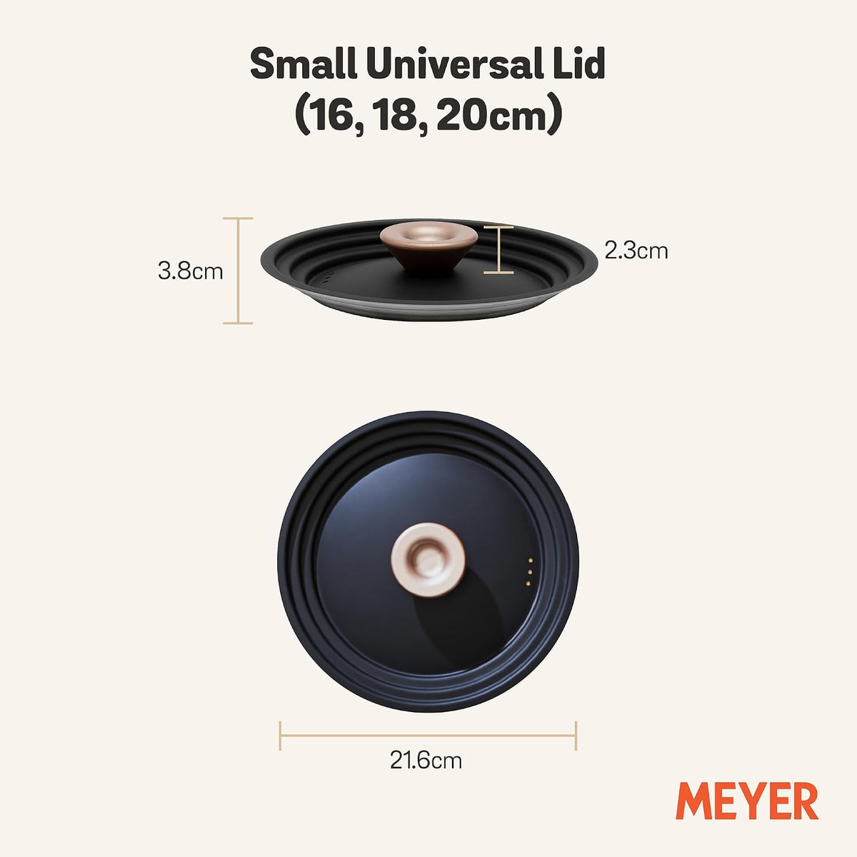 Meyer Universal Lids 6.25" | 7" | 8" Stainless Steel, Pots and Pans Cookware Stacking Lids, Replacement Cooking Stackable Lids, Small, Matte Black with Gold Accent Knob, Accent Series, 6.25-7-8 inch