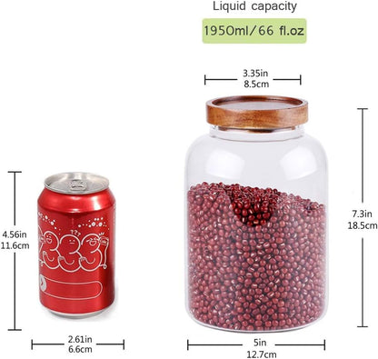 Large Glass Jar with Airtight Lid Set of 2 93 FL OZ(2750ml) glass canister set, Glass Food Containers Wooden Lid Suit for Kitchen Pantry for Flour, Tea, Coffee Beans, Sugar, Cookies(8.8 inch high)