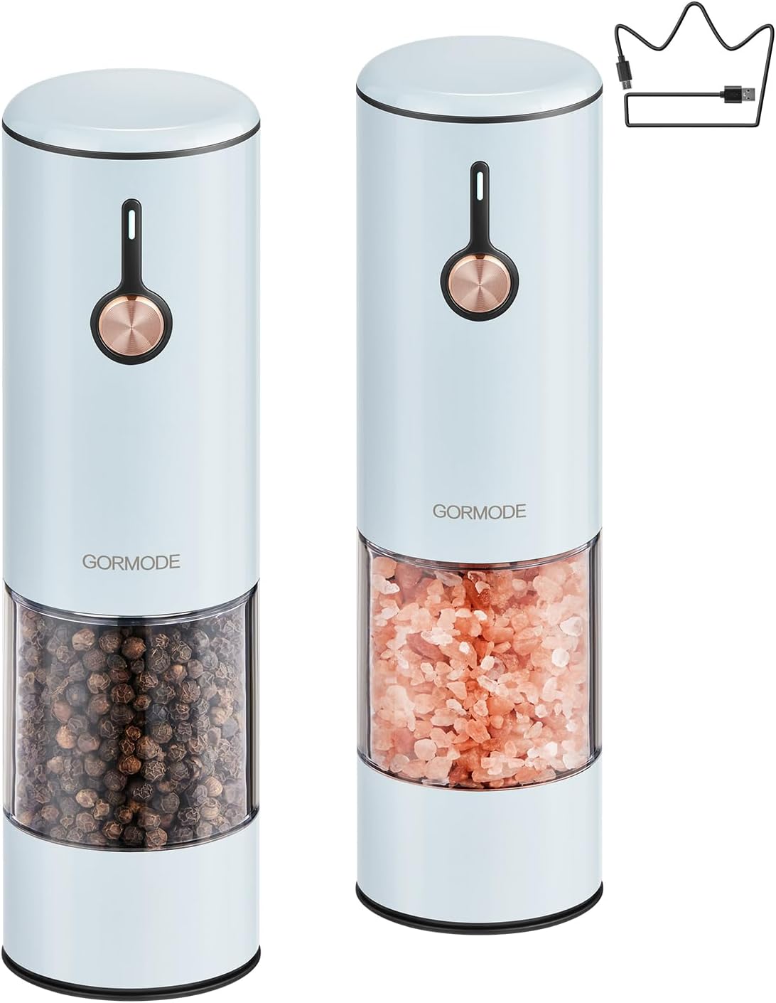 Stainless Steel Rechargeable Electric Salt and Pepper Grinder Set – USB Charging, One-Hand Electric Mill, Adjustable Coarseness, LED Light & Dust Cover –2pack(Greige & Buttercream)