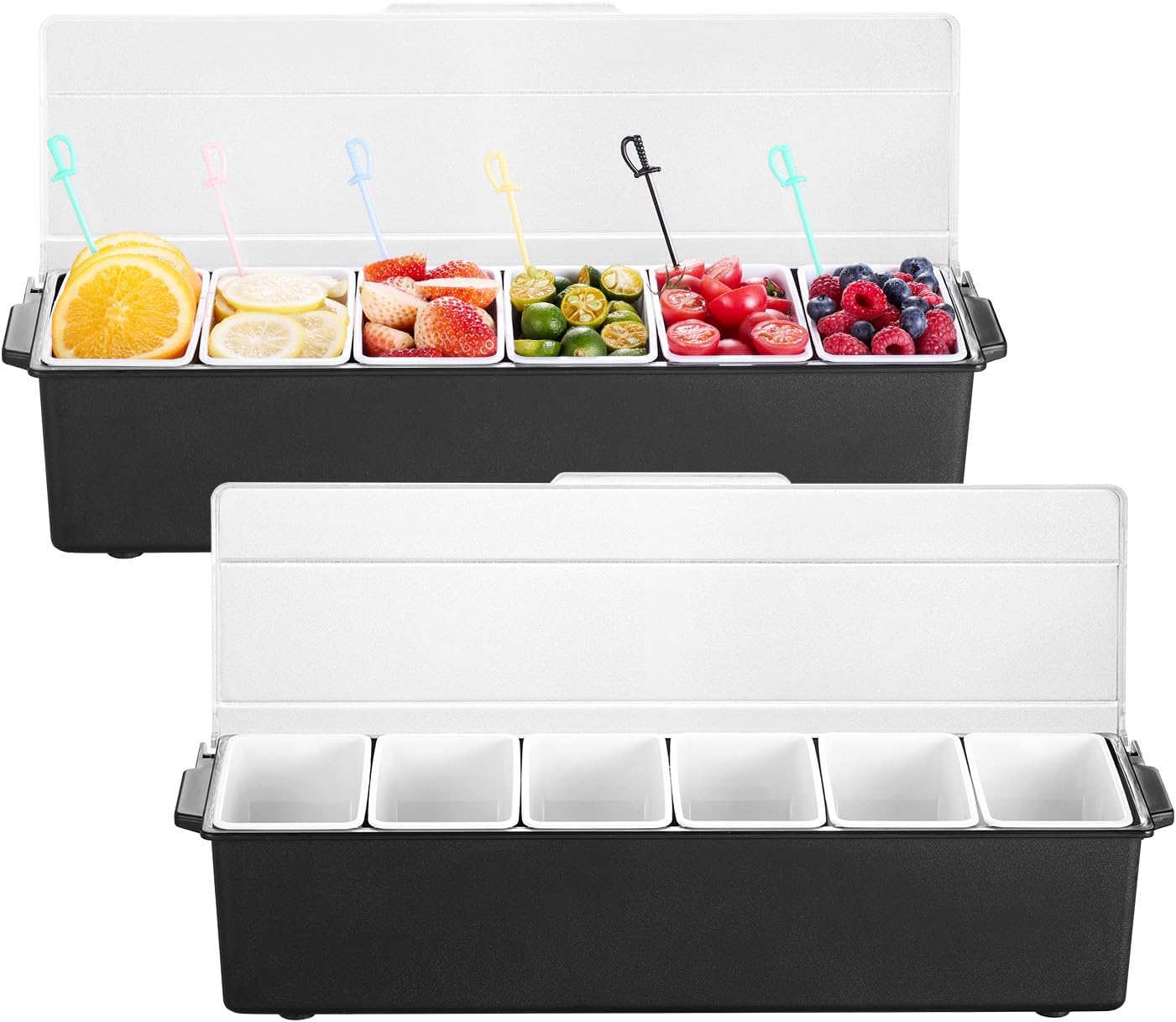 VEVOR Chilled Condiment Server Caddy, 5 Compartment Ice Cooled Serving Container, Plastic Fruit Garnish Tray Platter with Lid, for Taco Salad Bar Accessories, Party Home Restaurant Supplies