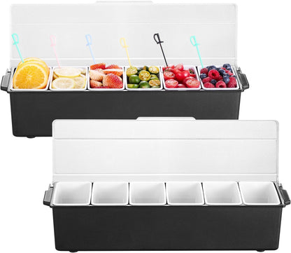 VEVOR Chilled Condiment Server Caddy, 5 Compartment Ice Cooled Serving Container, Plastic Fruit Garnish Tray Platter with Lid, for Taco Salad Bar Accessories, Party Home Restaurant Supplies