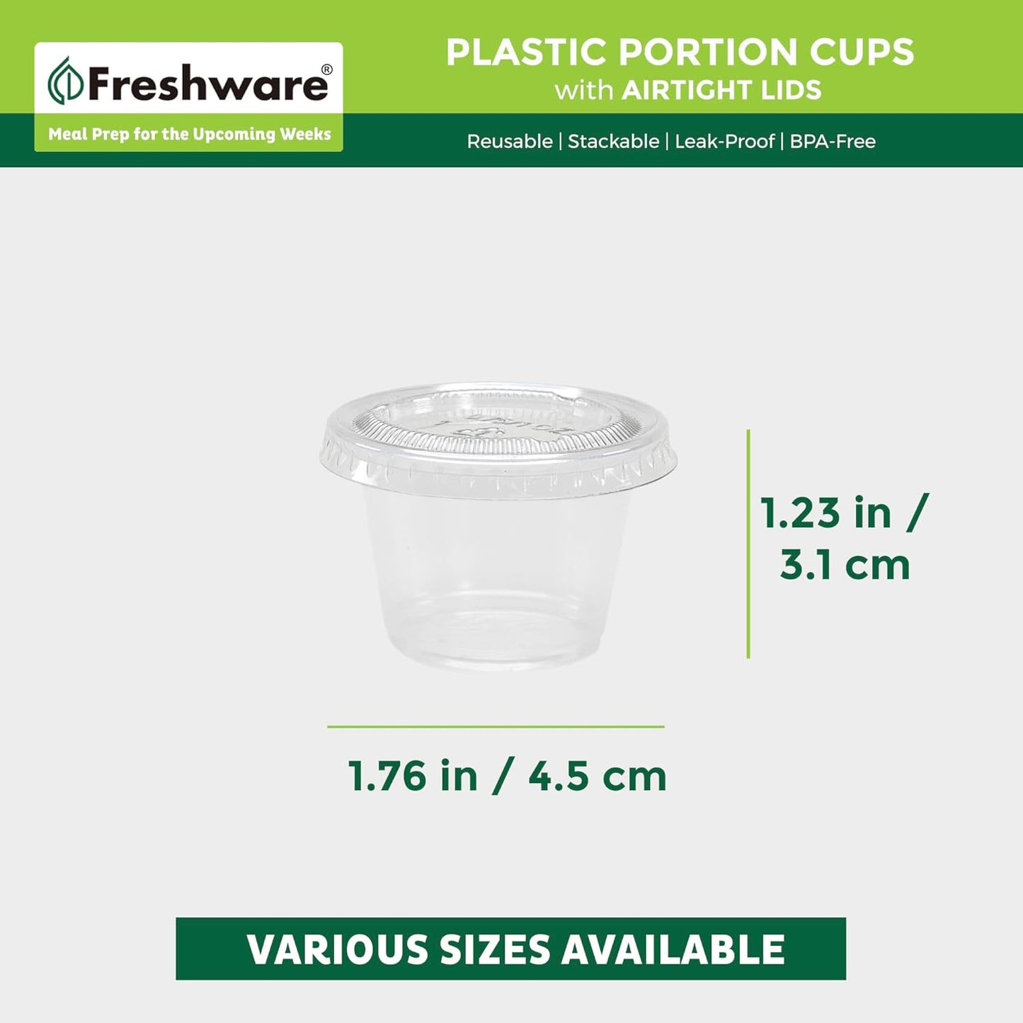 Freshware Plastic Portion Cups with Lids [2 Ounce, 200 Sets] Disposable Plastic Cups for Meal Prep, Salad Dressing, Jellos Shot Cups, Souffle Cups, Condiment and Dipping Sauce Cups