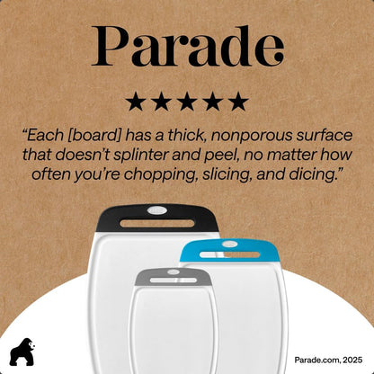GORILLA GRIP BPA-Free Reversible Kitchen Cutting Board Set of 3, US Designed, Nonporous, Juice Grooves Catch Liquid, Slip Resistant Border, Dishwasher Safe, Durable Large Food Chopping Boards, Black