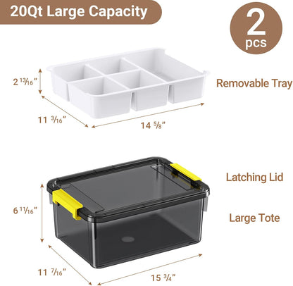 40Qt Stackable Storage Bins with Lids & Trays, Clear Plastic Latching Boxes Organizers with Dividers Portable 10Gal Containers for Arts & Crafts, Home and Car Trunk Organization, 2Pack