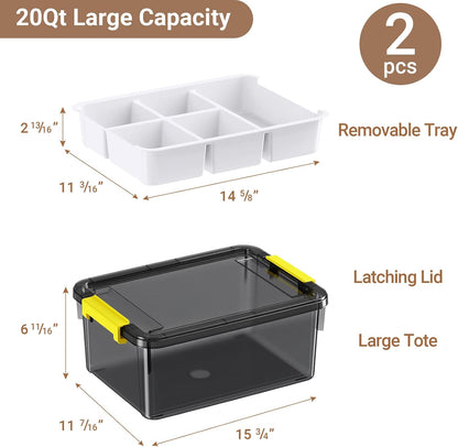 40Qt Stackable Storage Bins with Lids & Trays, Clear Plastic Latching Boxes Organizers with Dividers Portable 10Gal Containers for Arts & Crafts, Home and Car Trunk Organization, 2Pack