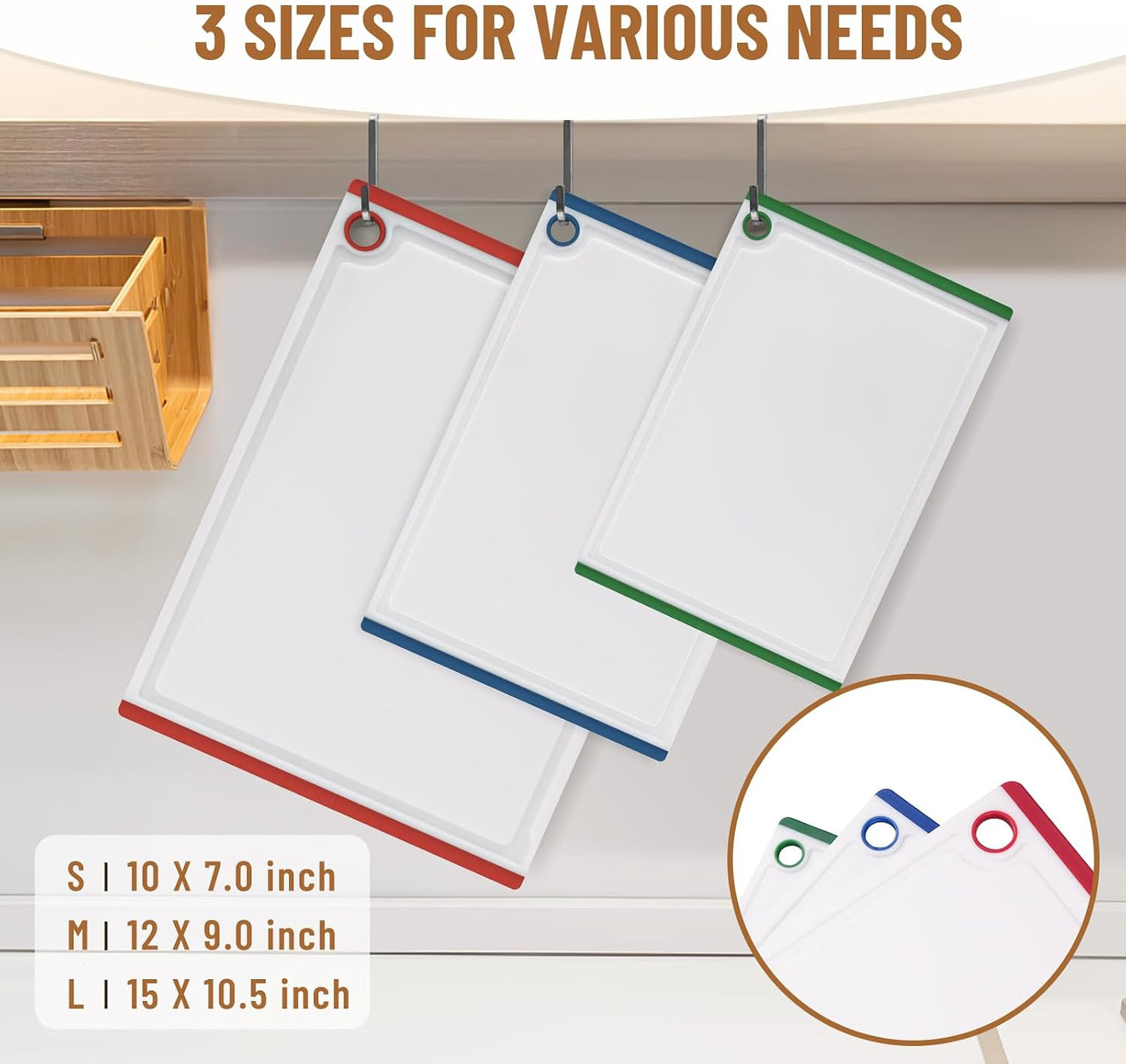 Kikcoin Plastic Cutting Boards for Kitchen, 3-Piece Large Cutting Board Set Dishwasher Safe Chopping Boards with Non-slip Feet and Juice Grooves, Gray