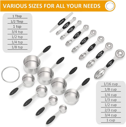 Wildone Measuring Cups and Magnetic Measuring Spoons Set, 16Pcs | 8 Stainless Measuring Cups, 7 Double-sided Magnetic Measuring Spoons & leveler for Spice Jar and Liquid Measuring, Multicolor