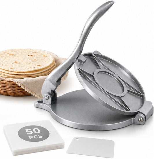 8-Inch Cast Aluminum Tortilla Press, Silver Commercial-Grade Tortilla Maker with 50 Pcs Parchment Paper & Dough Scraper – for Tacos, Roti, Quesadilla, Patacones & Burritos