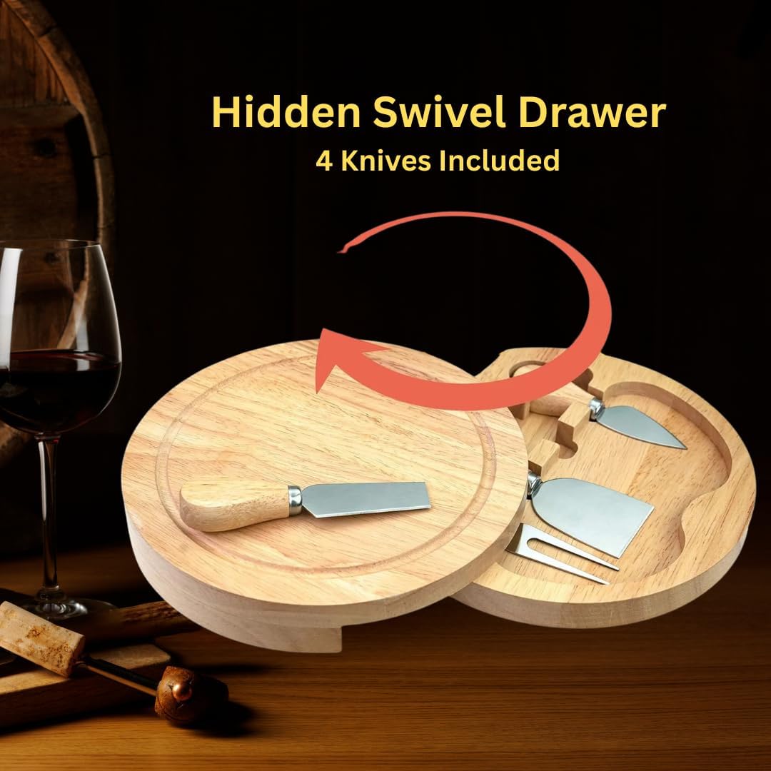 8" Round Wood Cheese Board with 4 Knives – Charcuterie Board Set with Swivel Slide-Out Drawer, Juice Groove, Compact Serving Board for Entertaining, Gifts & Travel