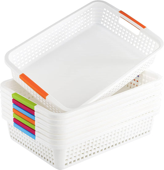 Lawei 8 Pack Large Plastic Storage Basket with Handle - 15 x 10 x 3 Inch Pantry Organizer Basket Bins Desktop Paper Storage Basket for Organization, Countertops, Cabinets, Bedrooms, Bathrooms