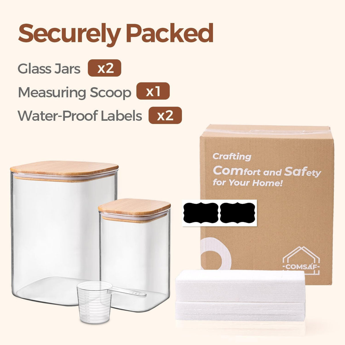 ComSaf Glass Storage Jars with Bamboo Lids 4.6 Qt 2 Pack Large Wide Mouth | Pantry organization, Flour Sugar Coffee Beans, Pasta Cereal Dry Food, 1.2 Gallon, Cabinet Organization, Dry Food Storage