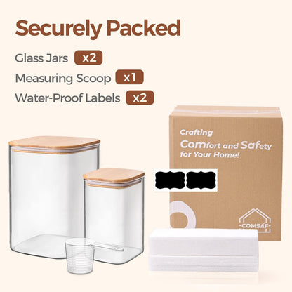 ComSaf Glass Storage Jars with Bamboo Lids 4.6 Qt 2 Pack Large Wide Mouth | Pantry organization, Flour Sugar Coffee Beans, Pasta Cereal Dry Food, 1.2 Gallon, Cabinet Organization, Dry Food Storage