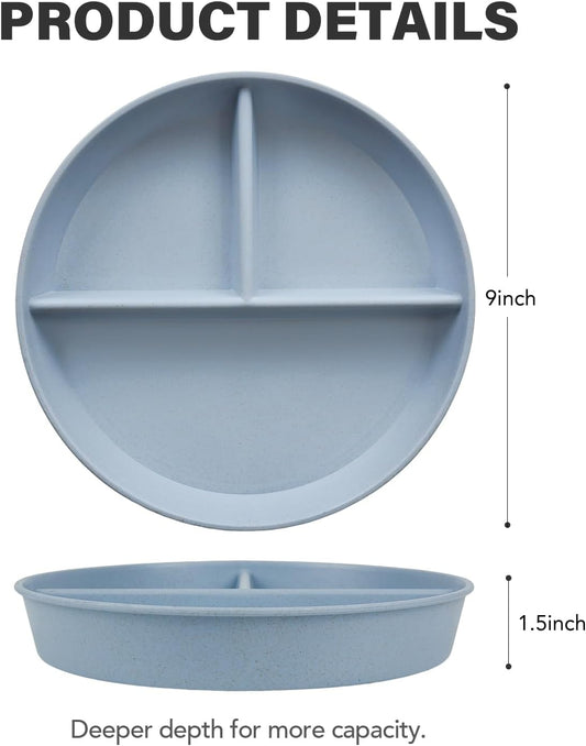 greenandlife 9 Inch 4PCS Portion Control Plates with Lids, Divided Plates for Kids Adults, Dishwasher Microwave Safe Compartment Plate, Unbreakable Lightweight Reusable Wheat Straw Plate, Earth Tone
