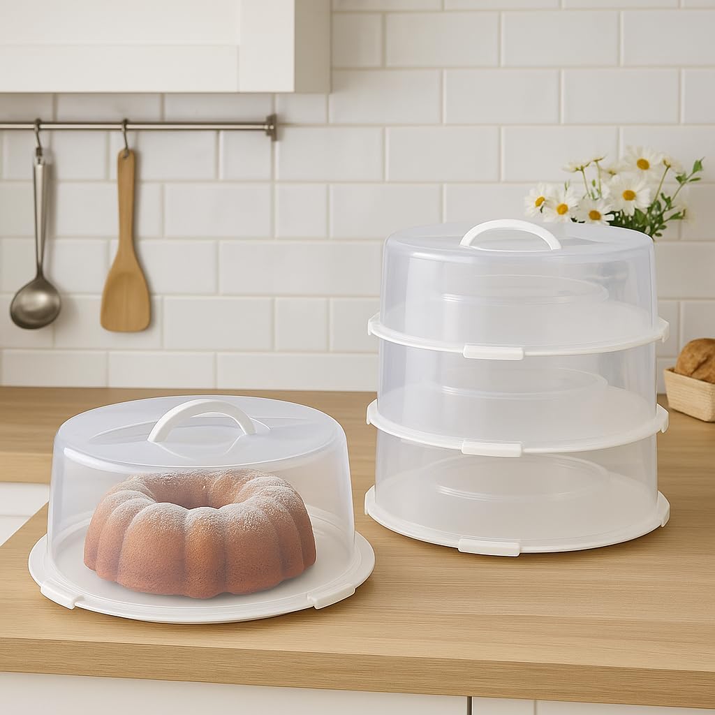 3-Pack Cake Carriers with Lids - 12 × 12 × 4.75 Inch Plastic Cake Containers - Lightweight BPA-Free Plastic Freezer Safe Reusable Storage with Handles Holds 10-Inch Cakes Stackable Easy Transport