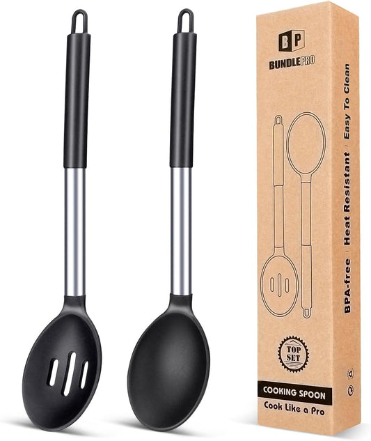 BUNDLEPRO Silicone Cooking Spoons for Nonstick Cookware, 2 Pack, Black
