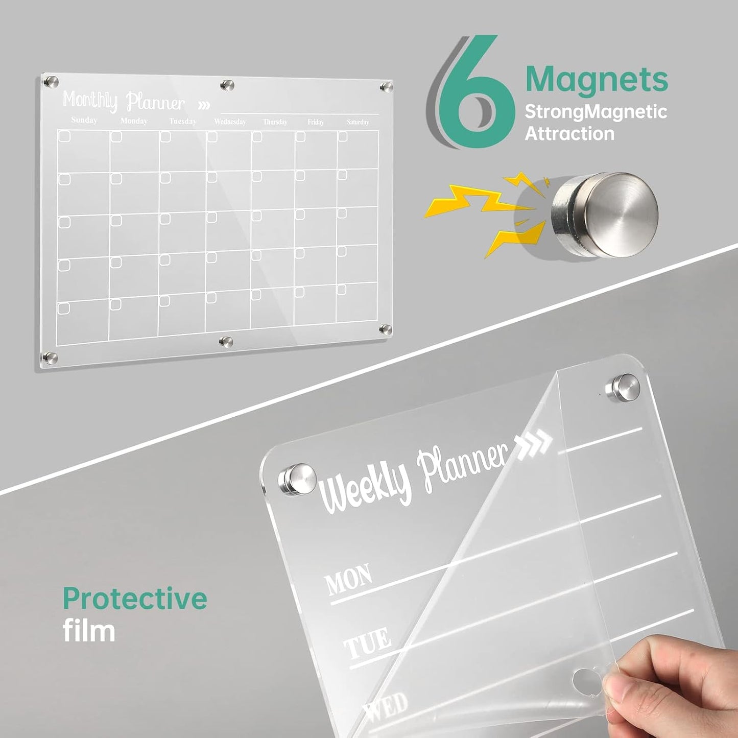 Acrylic Magnetic Dry Erase Board for Fridge, Set of 3 Transparent Monthly & Weekly Planning Boards, Includes 6 Dry Erase Markers, 1 Eraser and Magnetic Pen Holder