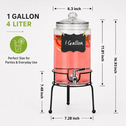 1 Gallon Beverage Dispenser 1 Pack, Stainless Steel Spigot Drink Dispenser for Parties with Stand, Clear Glass Drink Container Easy to Refill and Clean