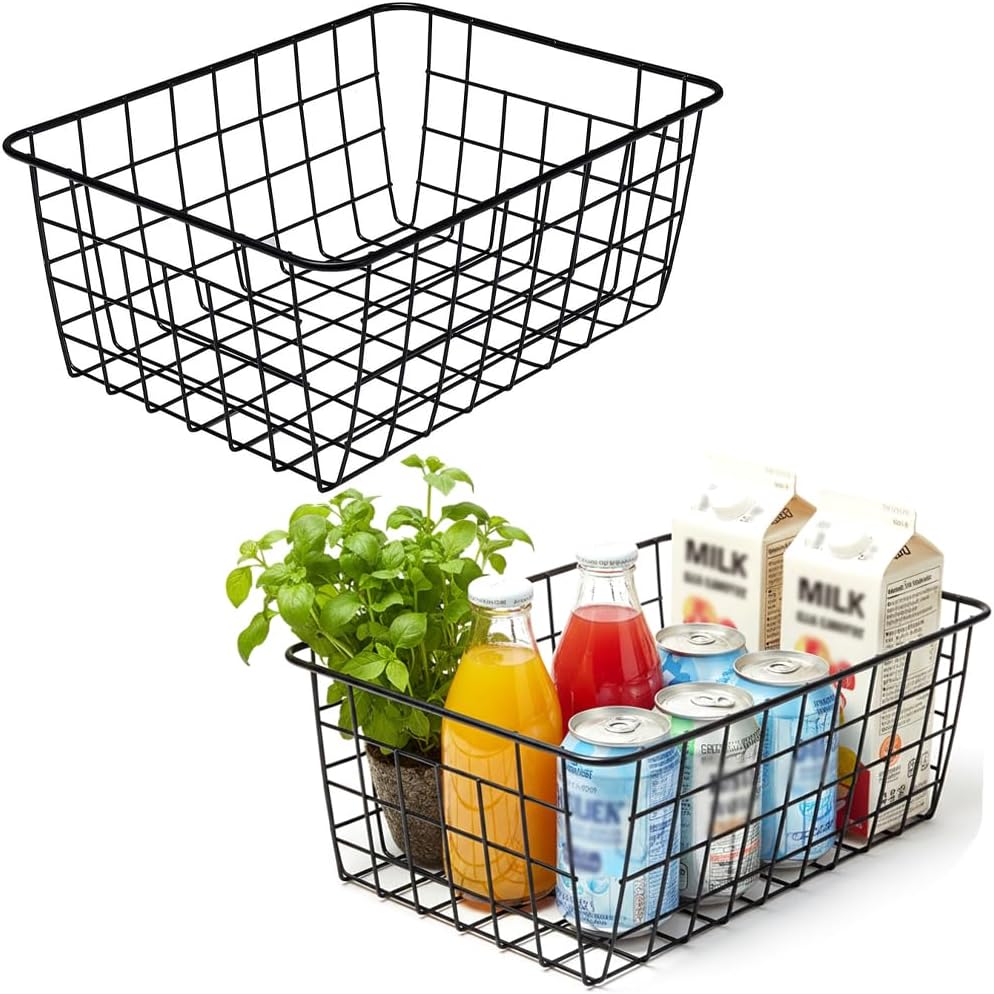 Kitchen Wire Baskets Farmhouse Decor Metal Food Storage Organizer,Household Refrigerator Bin with Built-in Handles for Cabinets, Pantry, Bathroom,2 Packs(white)
