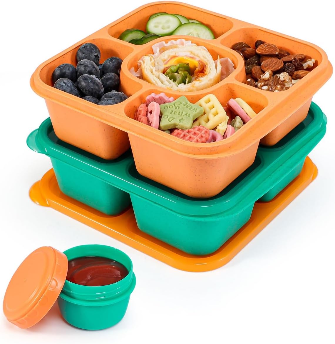 Original Lunchable Snack Containers - 5 Compartments Bento Snack Boxes with 1 Leakproof Small Containers, Wheat Straw, BPA-Free, Set of 2 (Bule+Pink)