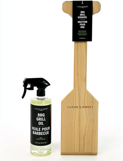CARON & DOUCET BBQ Grill Cleaner Oil (16oz) & Natural Red Cedar Wood BBQ Grill Scraper Bundle – Wire Bristle Free, Safe Tool for Gas & Charcoal Grates