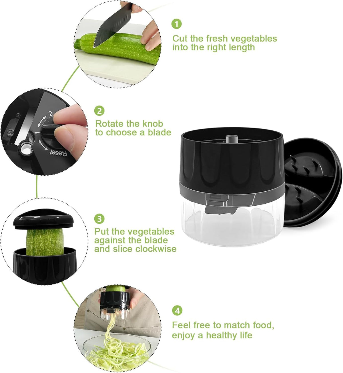 3-in-1 Vegetable Spiralizer Slicer, Adjustable Mandoline Spiral Cutter for Zucchini Noodles, Carrots, Cucumber (Green)