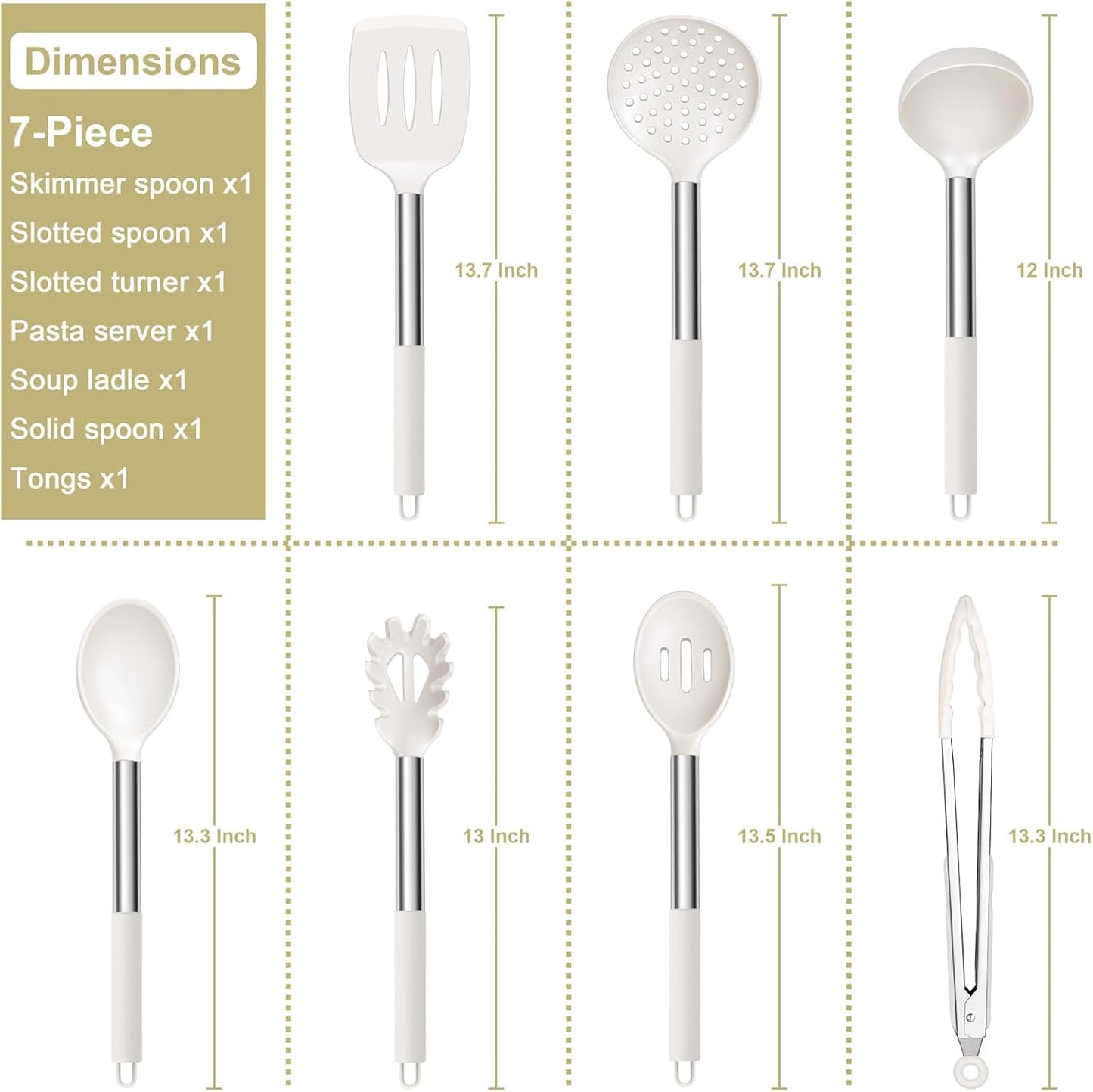 E-far Silicone Cooking Utensils Set, 7 Pcs Heat Resistant Kitchen Utensils with Stainless Steel Handle, Slotted Turner, Spoon, Soup Ladle, Pasta Server, Skimmer, Tongs for Nonstick Cookware, Black