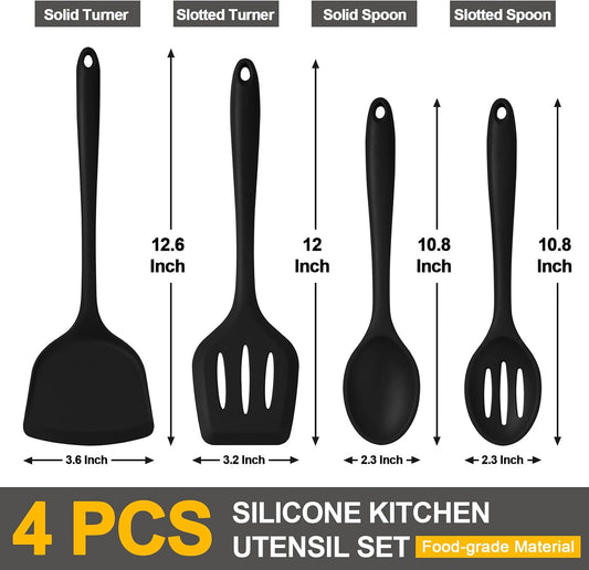 P&P CHEF Kitchen Utensil Set, 4 Pieces Non-stick Silicone Cooking Utensils, Heat-resistant Slotted Solid Spoon Turner for Frying, Mixing, Serving, Non-toxic & Easy to Clean, Blue