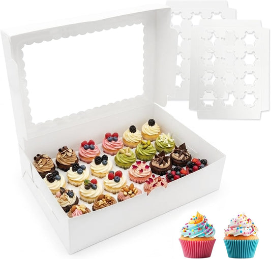 2 Pack White Mini Cupcake Boxes Containers Hold 24 MINI Cupcakes, 13 x 8.8 x 3.5 Inch Dessert Muffins Box with Window and Inserts for Birthday Holiday Party Bakery Supplies
