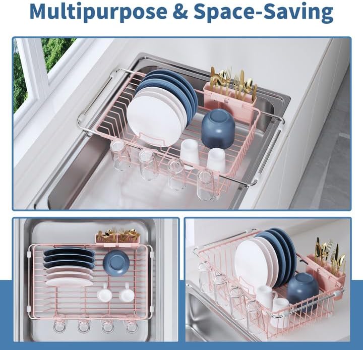 JASIWAY Dish Drying Rack in Sink, Expandable Stainless Steel Dish Drainers for Kitchen Counter, Dish Dryer Rack for Inside Sink, Over The Sink Dish Racks with Utensil Holder, Silver