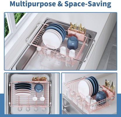 JASIWAY Dish Drying Rack in Sink, Expandable Stainless Steel Dish Drainers for Kitchen Counter, Dish Dryer Rack for Inside Sink, Over The Sink Dish Racks with Utensil Holder, Silver