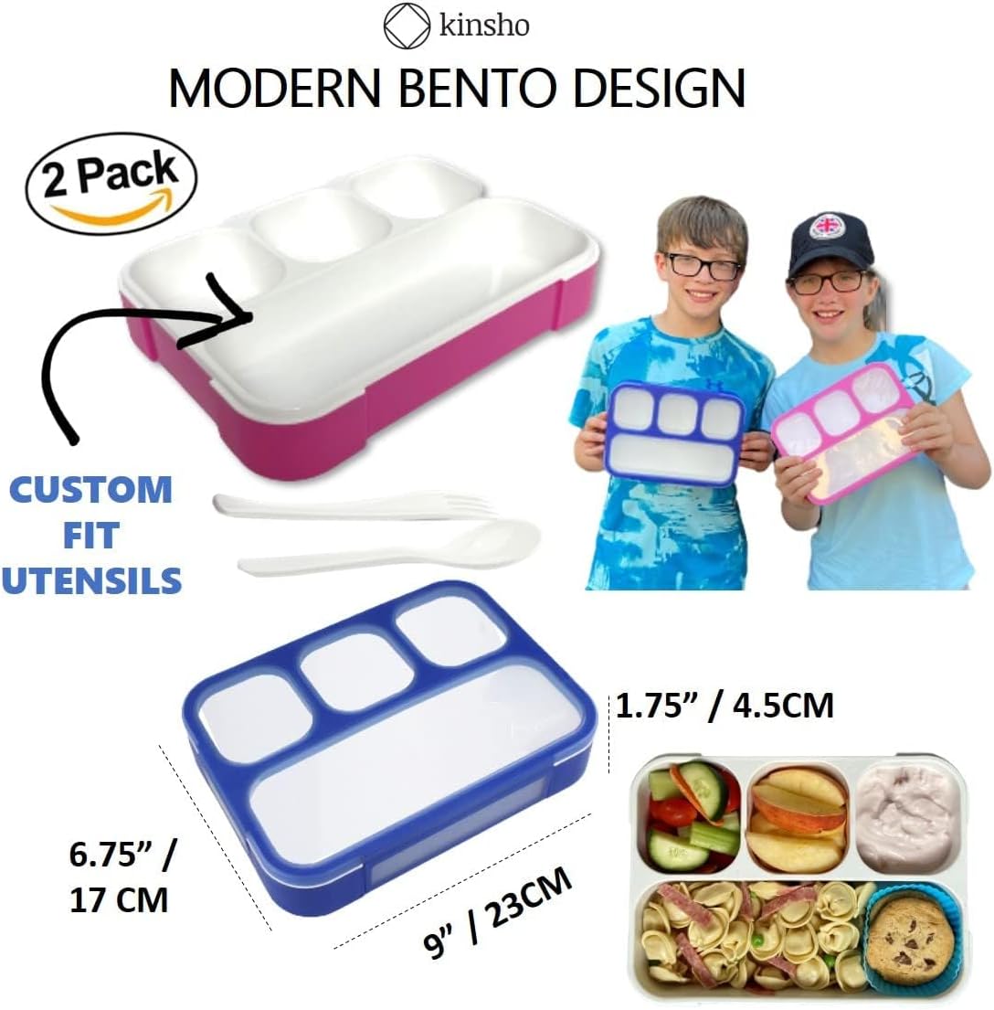 Bento Lunch Box for Kids or Adults, Snack Containers for Boys, Girls, School Daycare Work, 3 Divided Compartments Meal Planning Portion Control, BPA-Free Boxes, Utensils | Blue Purple 2 pack