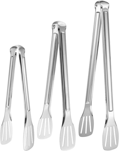 M METERXITY 4-Pack Grill Tongs, 7.3/9.3/11.4/13.4 Inch Non-Slip 304 Stainless Steel Locking Tongs for Cooking/Buffet/Outdoor Barbecue, BBQ Tweezers Metal Clamp Tools [Silver Tone]