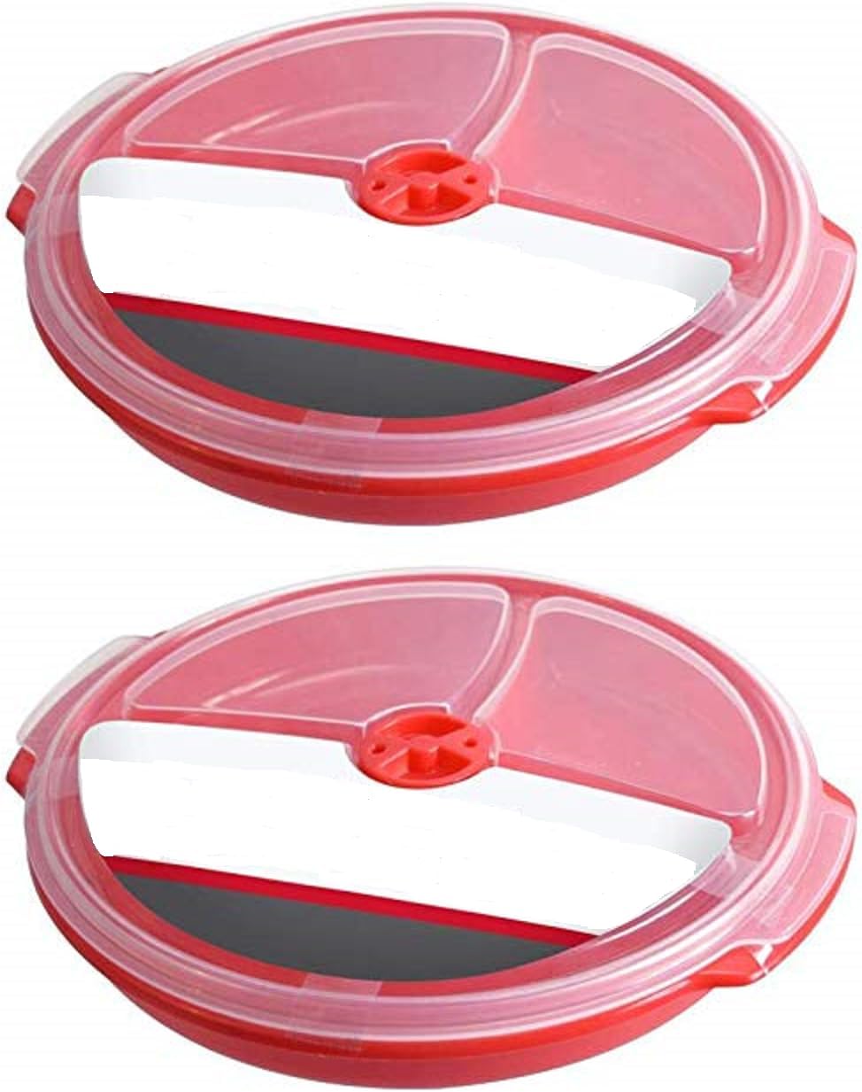 3 pack- Microwave Food Storage Travel Tray Containers - Portion Control - 3 Section Compartment Divided Plates with Vented Lid For Easy Reheat (3, Red)