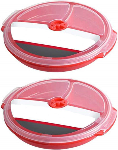 3 pack- Microwave Food Storage Travel Tray Containers - Portion Control - 3 Section Compartment Divided Plates with Vented Lid For Easy Reheat (3, Red)