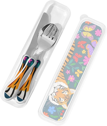 3-Piece Kids Silverware Set With Storage Case, Stainless Steel Reusable Children Safe Knife Spoon Fork Set Chinese Celadon Peacock Children Flatware Set For Kids Lunch Box