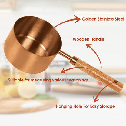Collection 8 Piece Gold Measuring Cups Set and Measuring Spoons, Golden With fragrant wood Handles-Complete Set of Measure Cups and Spoons For Cooking and Baking.…