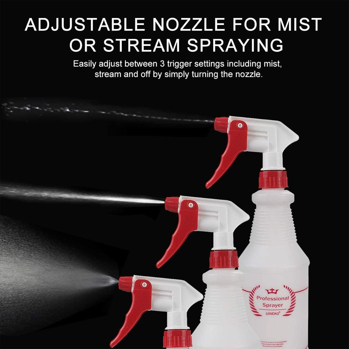 Uineko Empty Spray Bottles, Heavy Duty Sprayer, Mist & Stream, 4 Pack 24 Oz