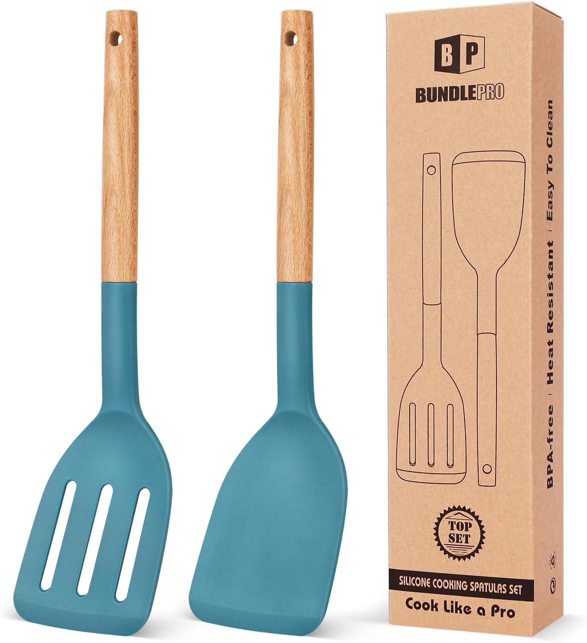 BUNDLEPRO Silicone Spatula, Solid & Slotted Turner, BPA-Free, 2 Pack, Black
