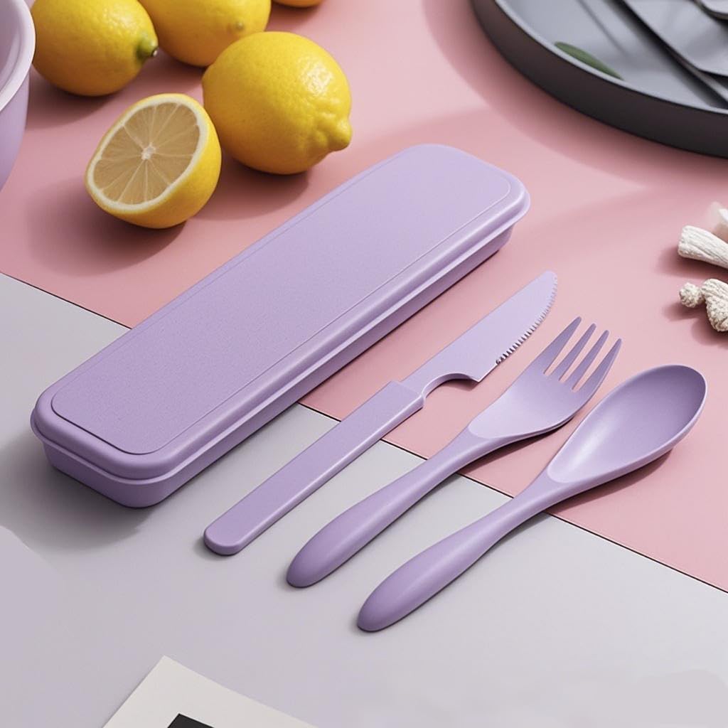 Travel Utensils Set - Reusable 5 Sets Wheat Straw Plastic Cutlery with Case, Portable Forks Spoons and Knives Set, Eco-Friendly BPA Free for Daily Use (5 Purple)