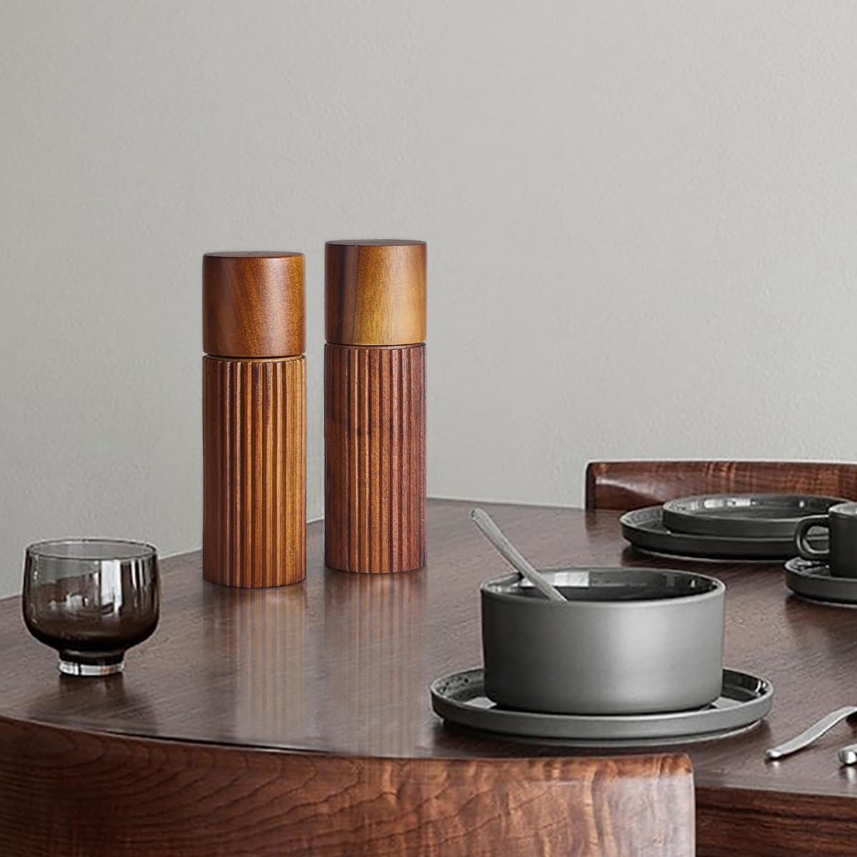 Acacia Wood Salt and Pepper Grinder Set with Matching Tray