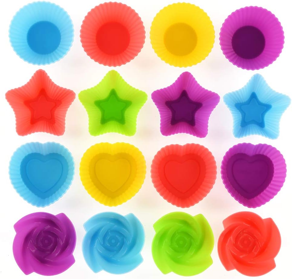 Reusable and Non-stick Silicone Baking Cups/Muffin Cup Molds in Storage Container-24 Pack-6 Vibrant Colors-4 Shapes(Flower,Star,Heart,Round)
