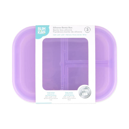 Bumkins Snack/Lunch Bento Box for Kids and Adults, 3 Compartment Container, Leak Proof Lid, for Portioning, Large Section Can Hold Sandwich, Food-Safe LFGB Platinum Silicone, Microwave-Safe, Pink