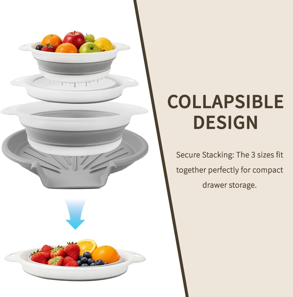 Collapsible Colanders Set of 4 - Food Strainers with Oversized Over Sink Draining Tray, Space Saving Foldable Kitchen Strainer Basket for Washing Vegetables, Fruit, Pasta & Rice, BPA-Free