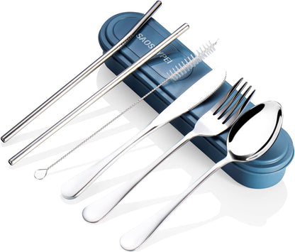 Portable Utensils Set with Case, 4pcs Stainless Steel Reusable Silverware for Lunch Camping School Picnic Workplace Travel, Lunch Box Includ Fork Spoon Knife,Easy to clean,Dishwasher Safe(Rainbow)